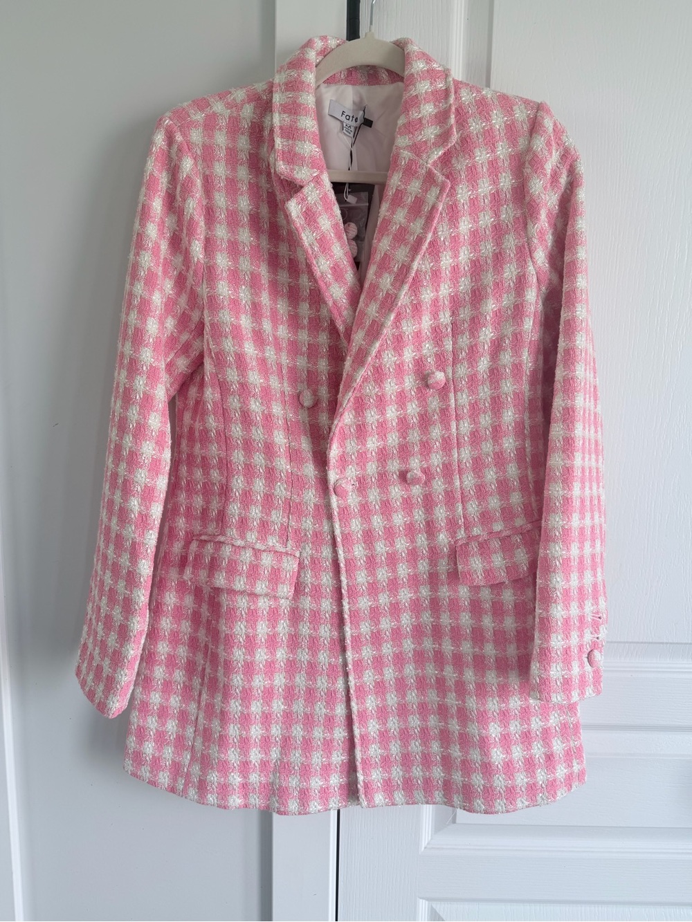 FATE Pink and White Tweed Double-Breasted Blazer